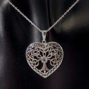 Solvar Tree of Life Blue Topaz Trinity Knot Heart Sterling Silver Necklace
